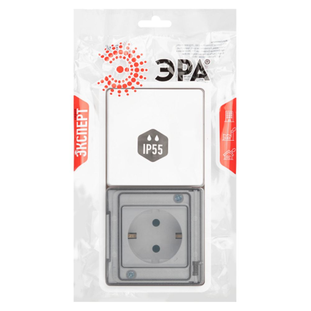 Блок розетка с выключателем ЭРА Эксперт 11-7521-01 IP55, 16A(10AX)-250В, СУ, белый | Эра Эксперт