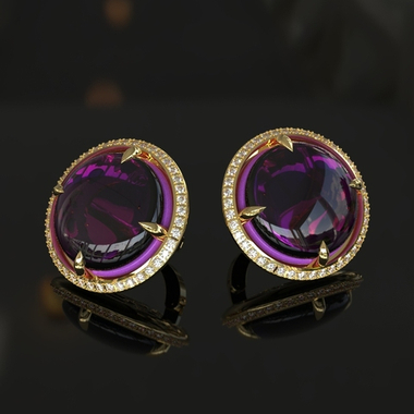 Золотые серьги из  желтого золота 585 пробы с натуральными аметистами и бриллиантами