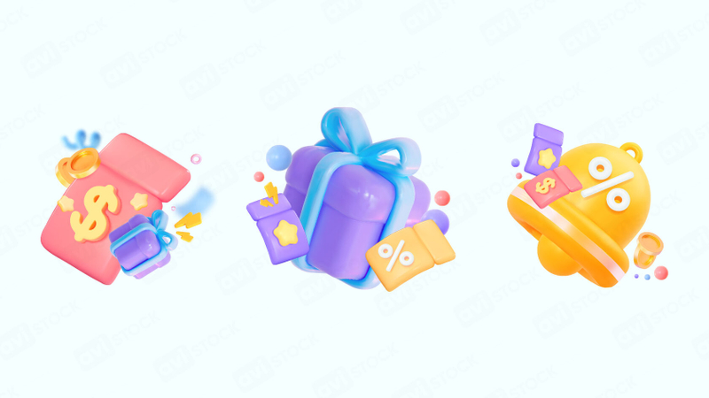 Набор 3D-иллюстраций с подарками, купонами и уведомлением
