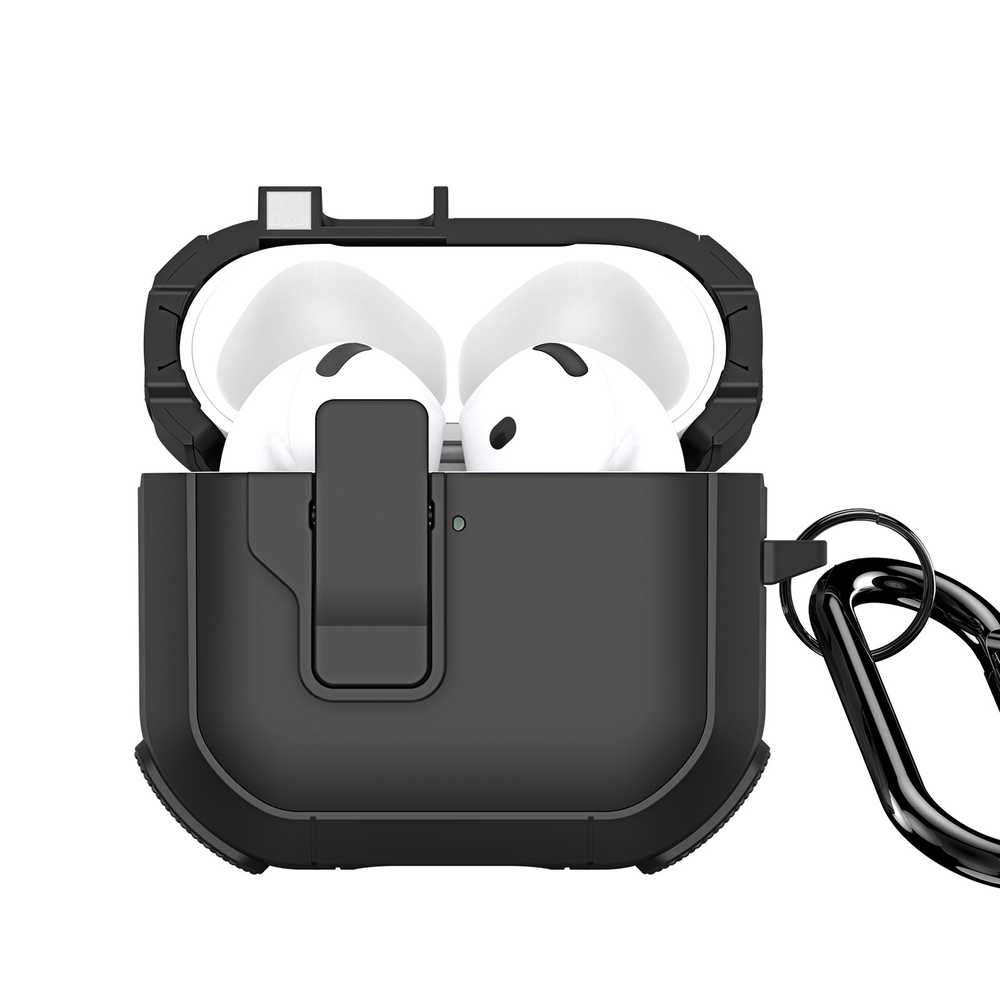 Усиленный чехол черного цвета от Dux Ducis для наушников AirPods 4, серия PECP Series Case, в комплекте с карабином