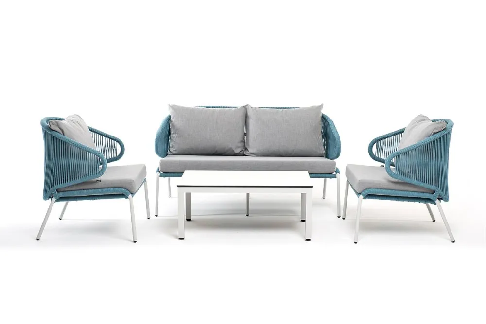"Милан" лаунж-зона 4-местная плетеная из роупа (веревки), каркас алюминиевый светло-серый, роуп бирюзовый
