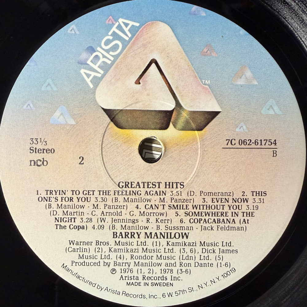 Barry Manilow ‎– Greatest Hits (Швеция 1978г.) Т