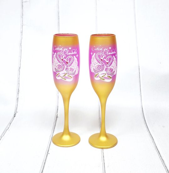 Свадебные бокалы , золото с розовым, Совет да любовь, матовые