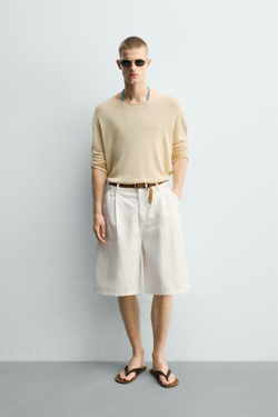 ZARA ШОРТЫ RELAXED FIT СО СКЛАДКАМИ, БЕЛЫЙ