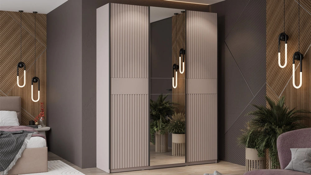 Шкаф-купе Оскар Хилтон 3-х дверный с зеркалом 177 кашемир / кашемир сатин / ручка черная