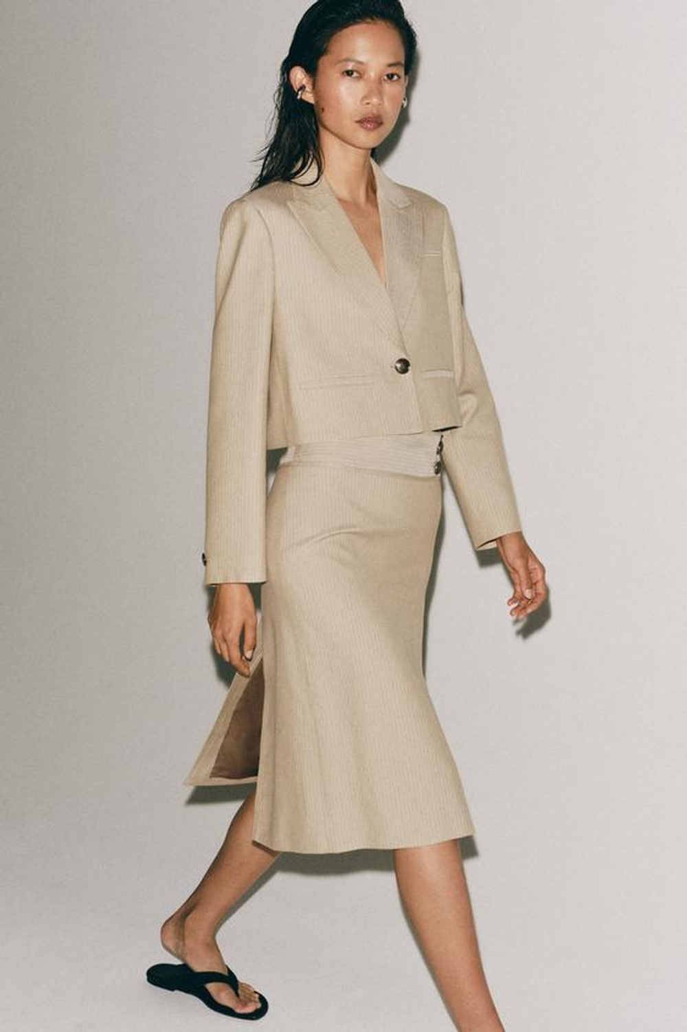 ZARA ЮБКА ПРЯМОГО КРОЯ В ПОЛОСКУ — ZW COLLECTION, БЕЖЕВЫЙ