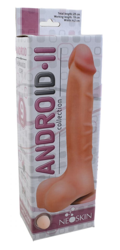 LOVETOY ANDROID II – фаллоимитатор на присоске с мошонкой, неоскин, телесный, 23 см (рабочая 19), Ø 4,2 см