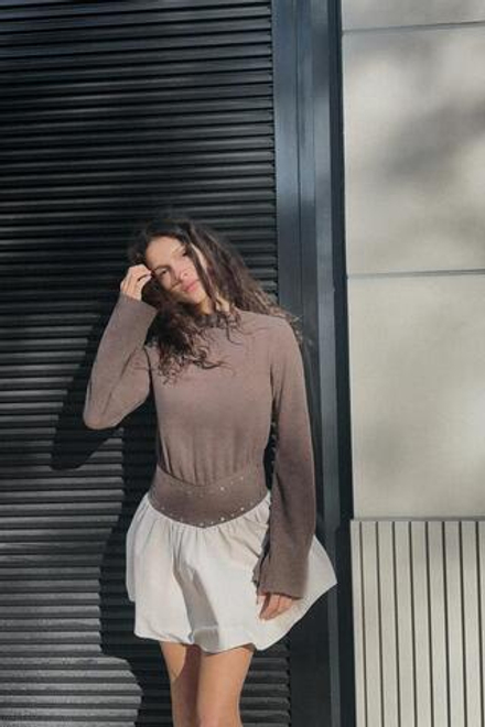 ZARA КОМБИНИРОВАННОЕ ПЛАТЬЕ С ЗАКЛЕПКАМИ, СЕРО-КОРИЧНЕВЫЙ МЕЛАНЖ