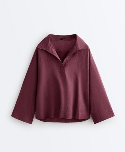 Oysho Рубашка-поло оверсайз с длинными рукавами из 100%-го льна, бордо