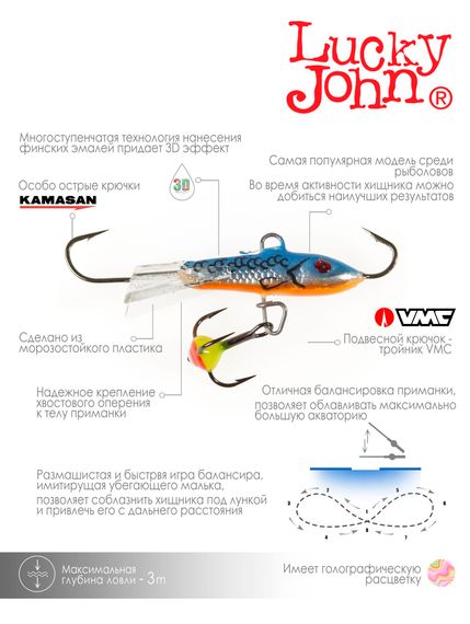 Балансир Lucky John CLASSIC 3 с тр. 30мм/45H блистер