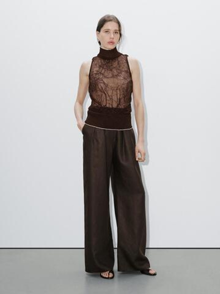 Massimo Dutti Текстурированная блузка с воротником-стойкой, коричневый