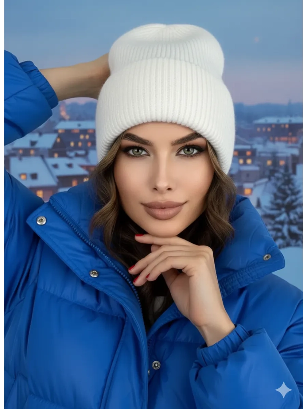 шапка зимняя из ангоры с отворотом вязаная