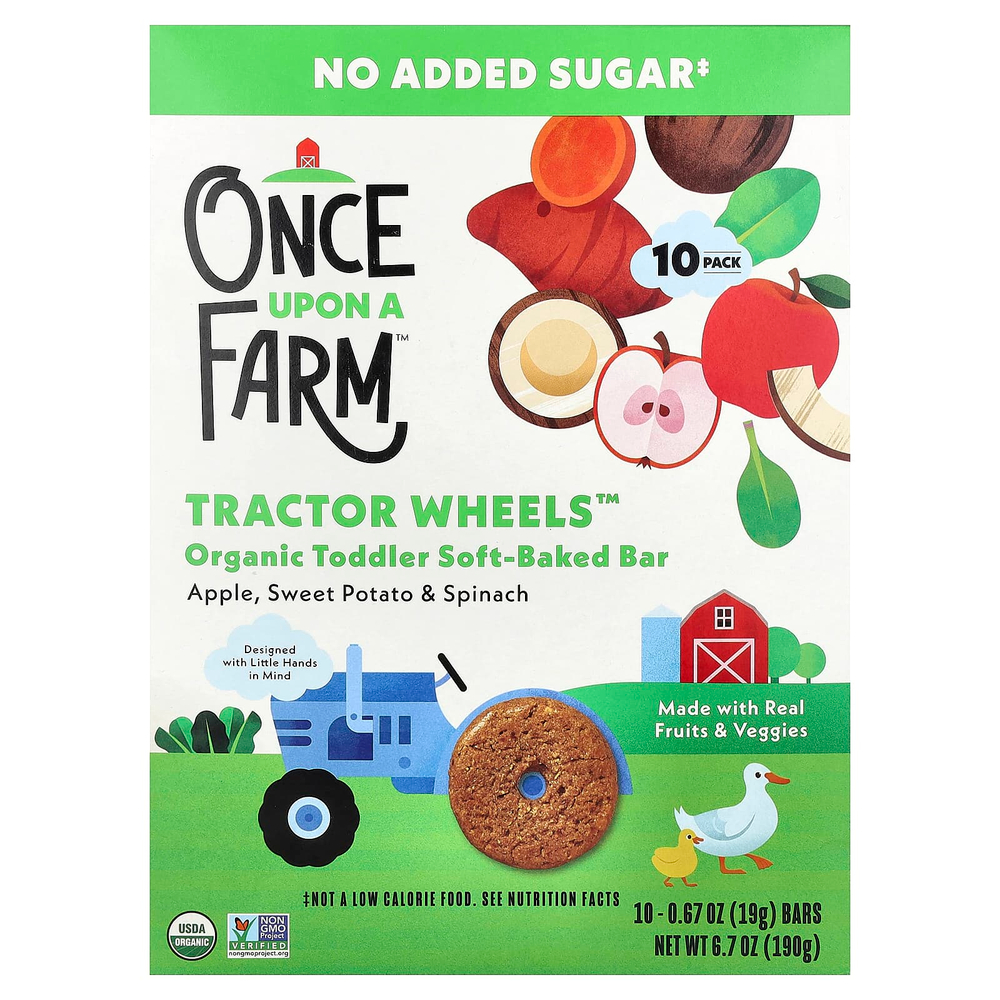 Once Upon A Farm, Tactor Circle™, органические запеченные батончики для малышей, яблоко, батат и шпинат, 10 батончиков по 19 г (0,67 унции)