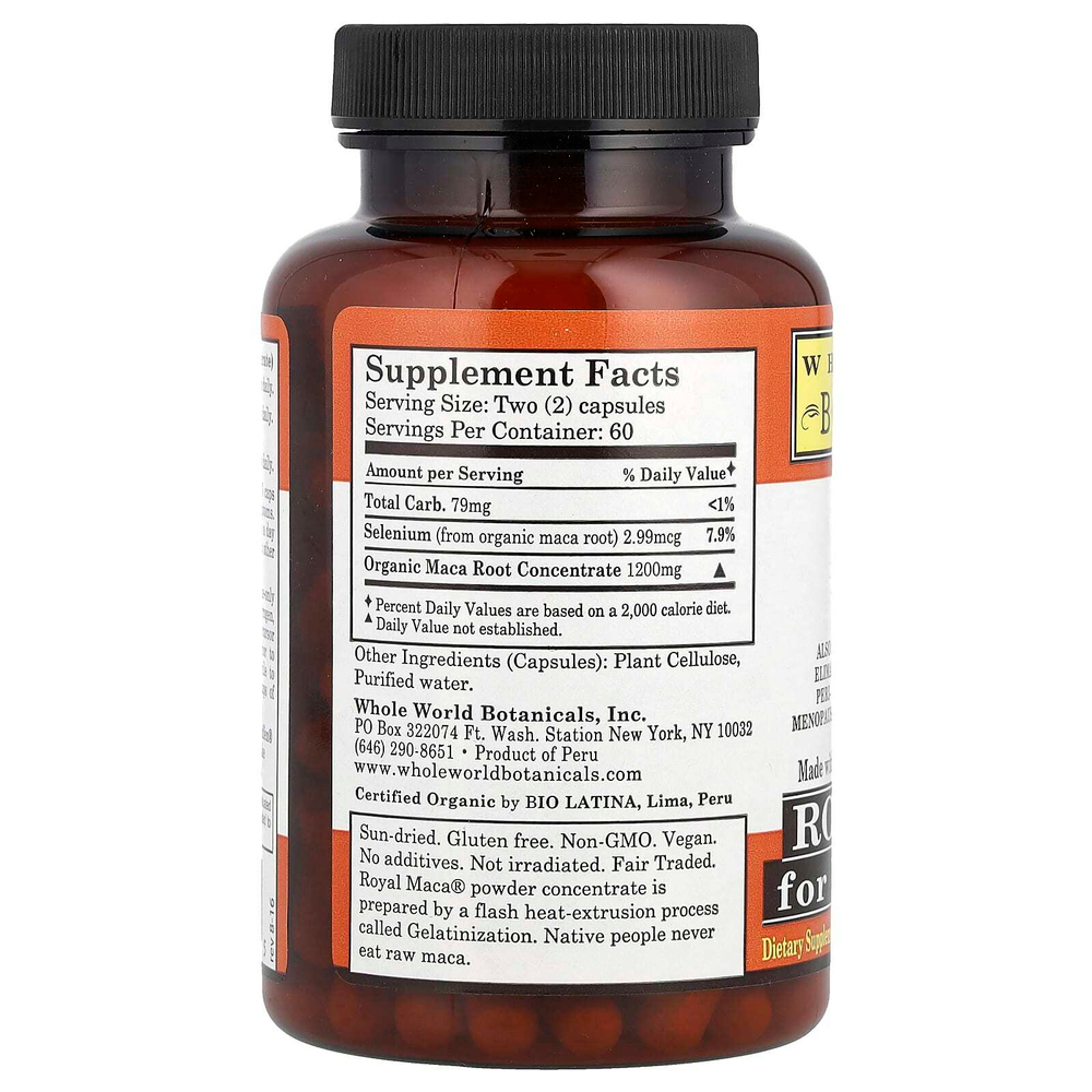 Whole World Botanicals, Royal Maca®, при менопаузе, 120 растительных ингредиентов Капсулы