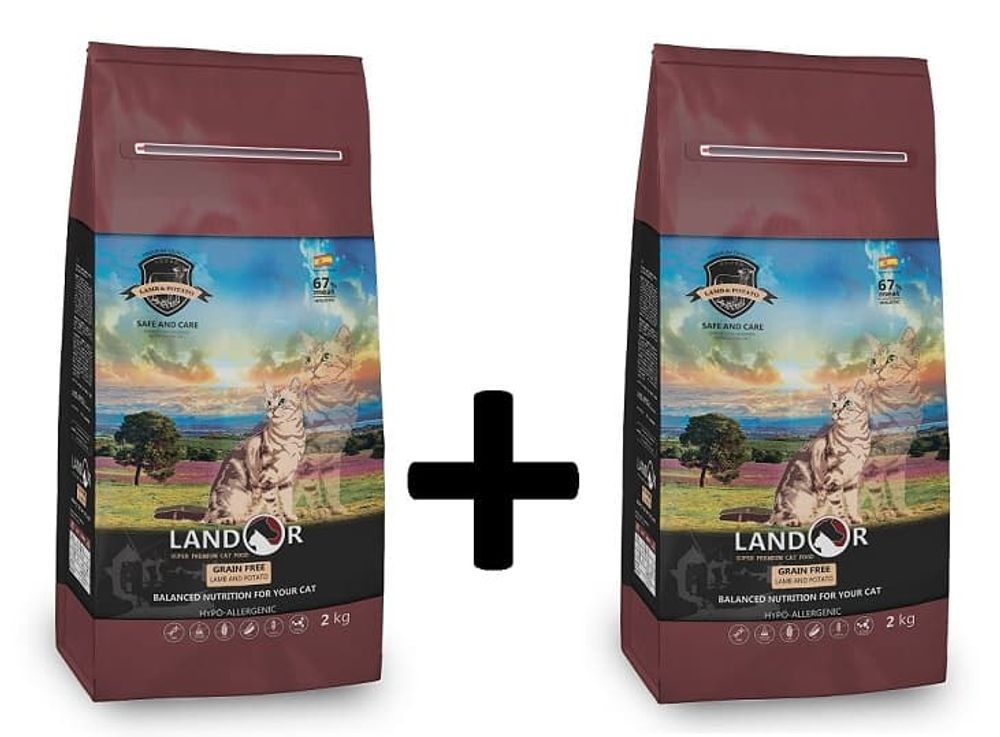 LANDOR 400г+400г ПРОМО-ПАК корм для кошек (проф. обр. комочков шерсти и изб. веса) ЯГНЕНОК с БАТАТОМ