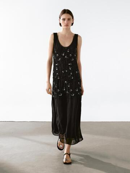 Massimo Dutti Длинное платье с отделкой бусинами, черный