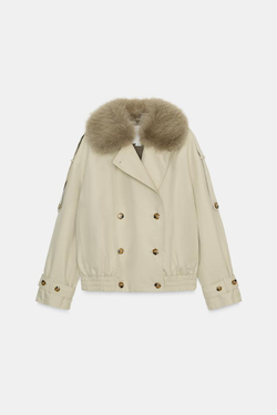 ZARA СТЕГАНОЕ ПАЛЬТО С ВОРОТНИКОМ ИЗ ИСКУССТВЕННОГО МЕХА — ZW COLLECTION, ЭКРЮ