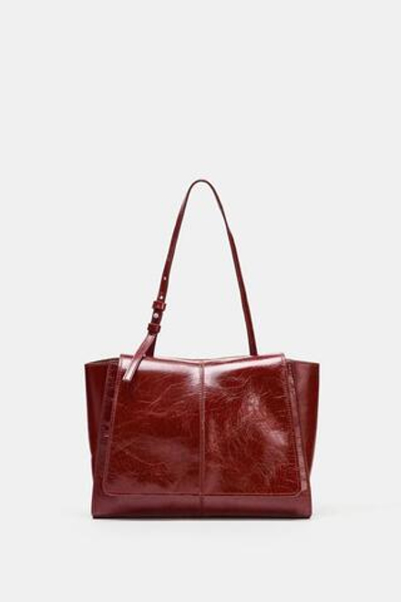 ZARA КОЖАНАЯ МИНИ-СУМКА-ШОПЕР С ДВОЙНЫМ КАРМАНОМ, ВИШНЕВО-КРАСНЫЙ