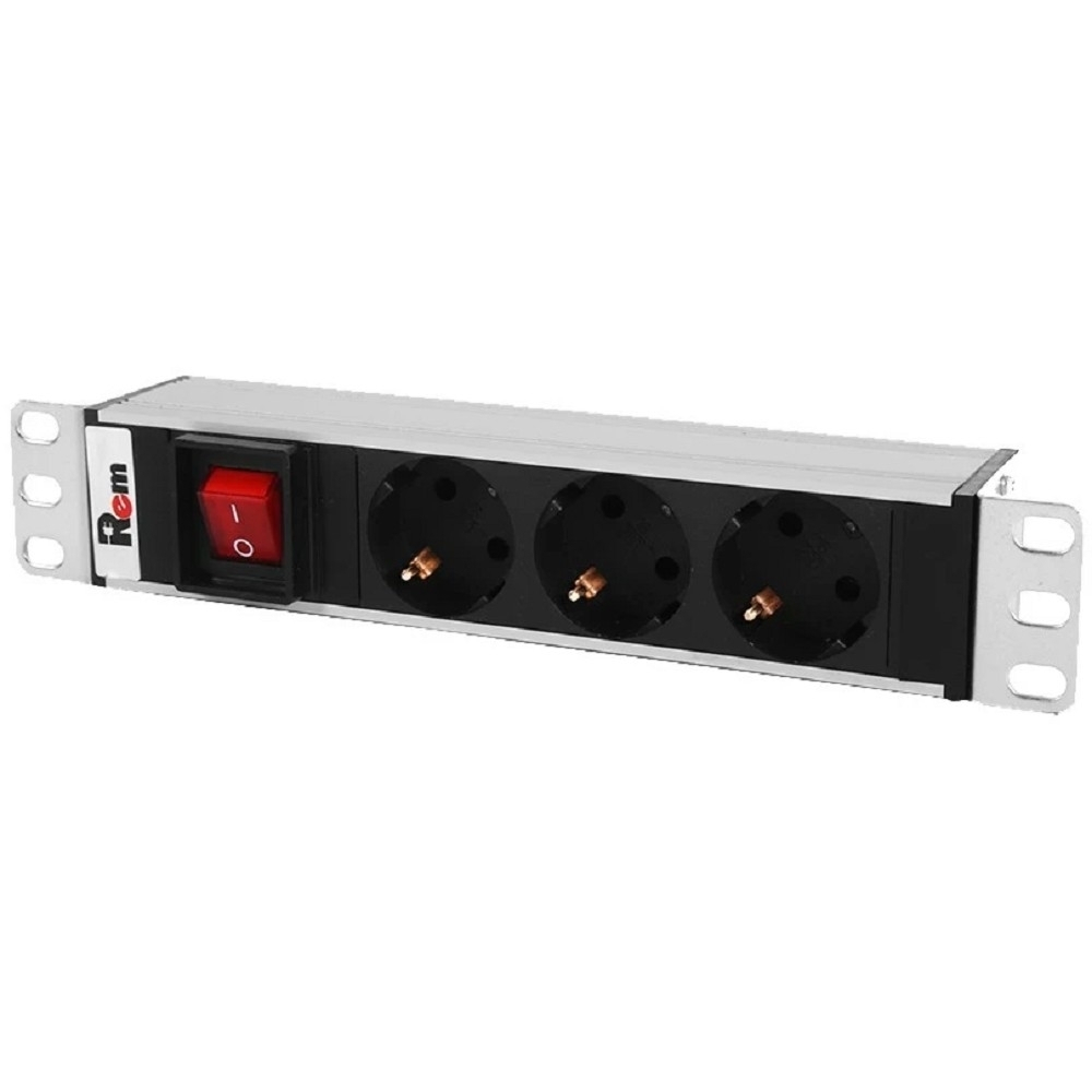 REM Блок розеток Rem-10 без шнура с выкл., 3 Schuko, вход IEC 60320 C14, 10A, алюм., 10" (R-10-3S-V-220-Z)