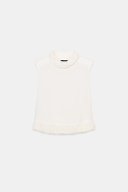ZARA ТОП С ПОДПЛЕЧНИКАМИ И БАХРОМОЙ, ЭКРЮ