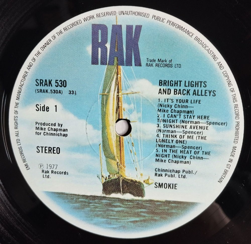 Винтажная виниловая пластинка LP Smokie Bright Lights And Back Alleys (UK 1977)