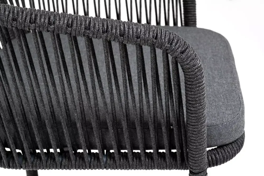 "Марсель" стул барный плетеный из роупа, каркас из стали серый (RAL7022) муар, роуп темно-серый круглый, ткань темно-серая 027