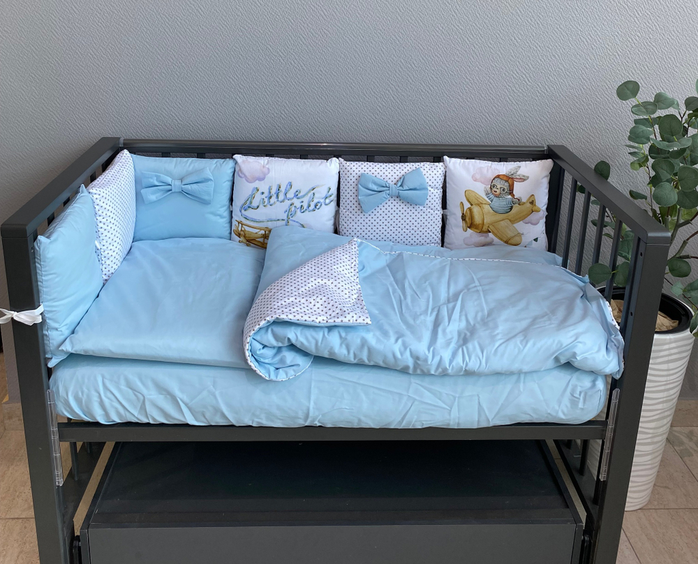 Комплект в кроватку 18 предметов "Кролик пилот голубой", сатин