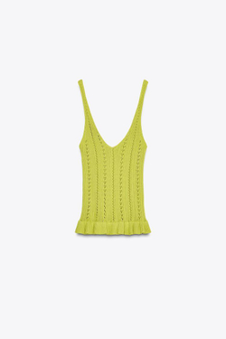 ZARA ТРИКОТАЖНЫЙ ТОП С ВОЛАНАМИ И ПЕРФОРАЦИЕЙ, ЗЕЛЕНЫЙ