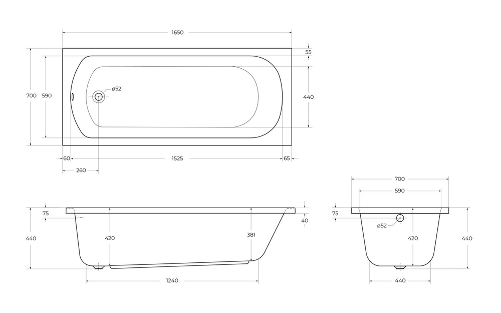 Ванна акриловая Cezares ECO-165-70-41-W37 с металлическим каркасом ECO-165-70-MF-R