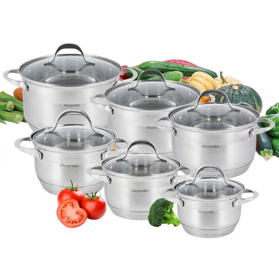 Набор кастрюль 12 предметов Kamille KM-4704S из нержавеющей стали (1,8 л; 2х2,3 л; 2х3,3 л; 5,8 л. 7-слойное дно)