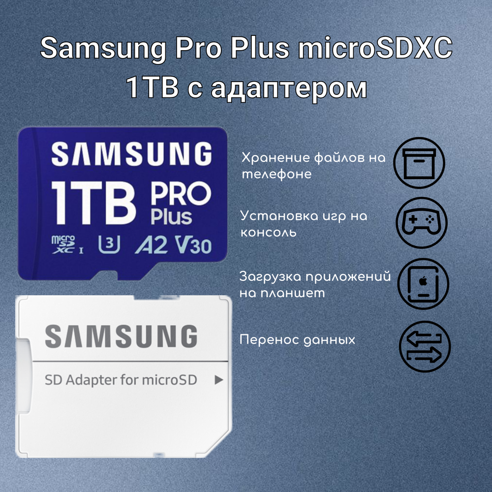 Карта памяти Samsung Pro Plus microSDXC 1ТБ Class 10, V30, A2, UHS-I U3, R 180 МБ/с, адаптер на SD