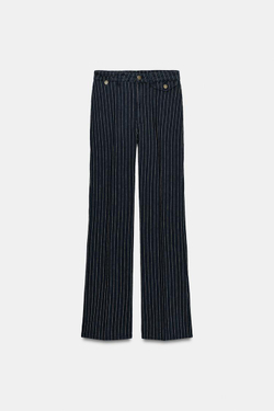 ZARA ДЖИНСЫ FLARE В ПОЛОСКУ С ВЫСОКОЙ ПОСАДКОЙ — ZW COLLECTION, СИНИЙ