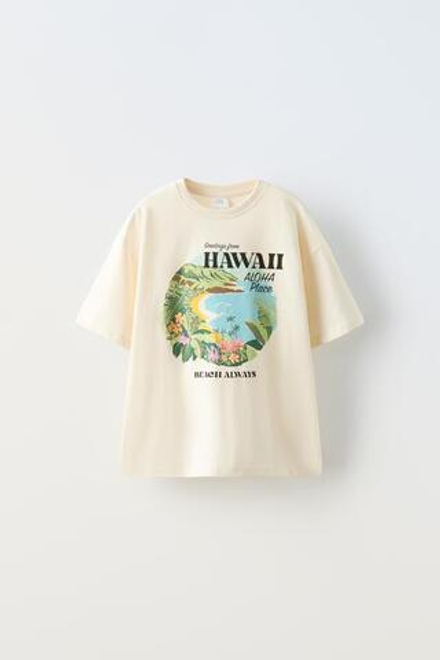 ZARA ФУТБОЛКА С ПРИНТОМ «ГАВАЙИ», ЭКРЮ