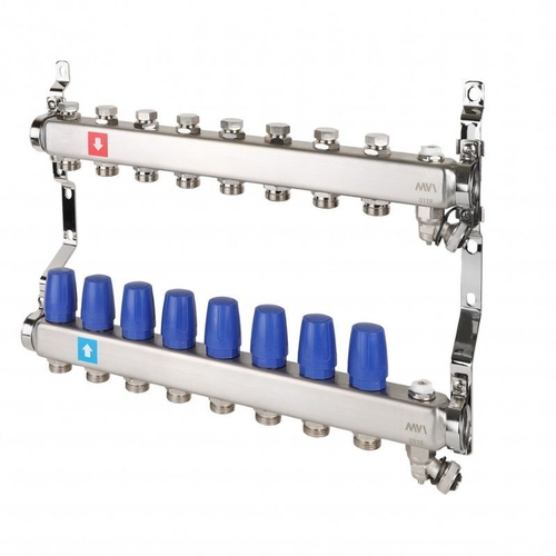 Блок коллекторный MVI из нержавеющей стали DN 25-8 выходов G 3/4, без расходомеров, с дренажным краном и воздухоотводчиком, евроконус, MS.608.06