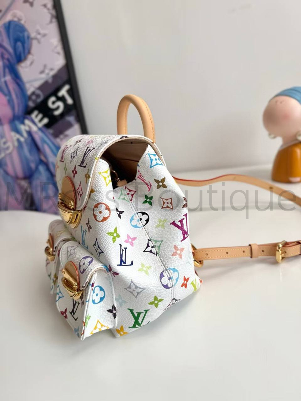 Женский рюкзак Louis Vuitton x Takashi Murakami белый c цветными узорами