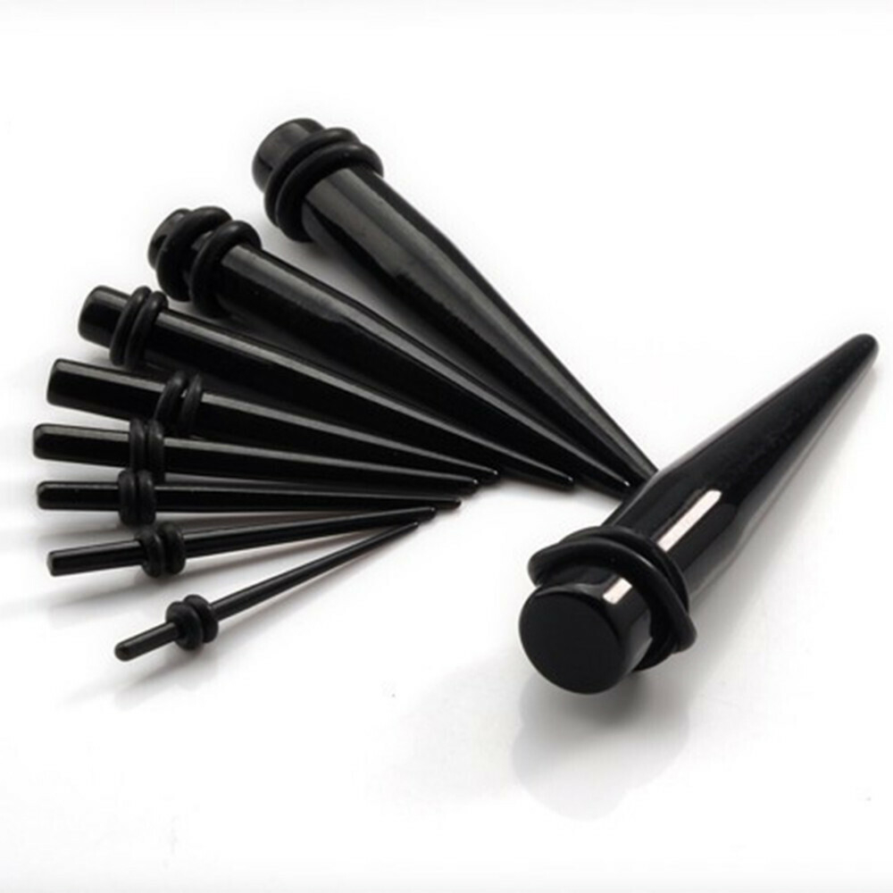 Черные акриловые растяжки для пирсинга ушей (конусообразные). Набор расширителей под тоннели от 1,6 до 10 мм.