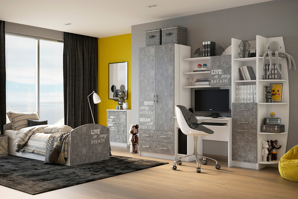 Комод Юниор-2 Лофт, Бетон светлый, Белый