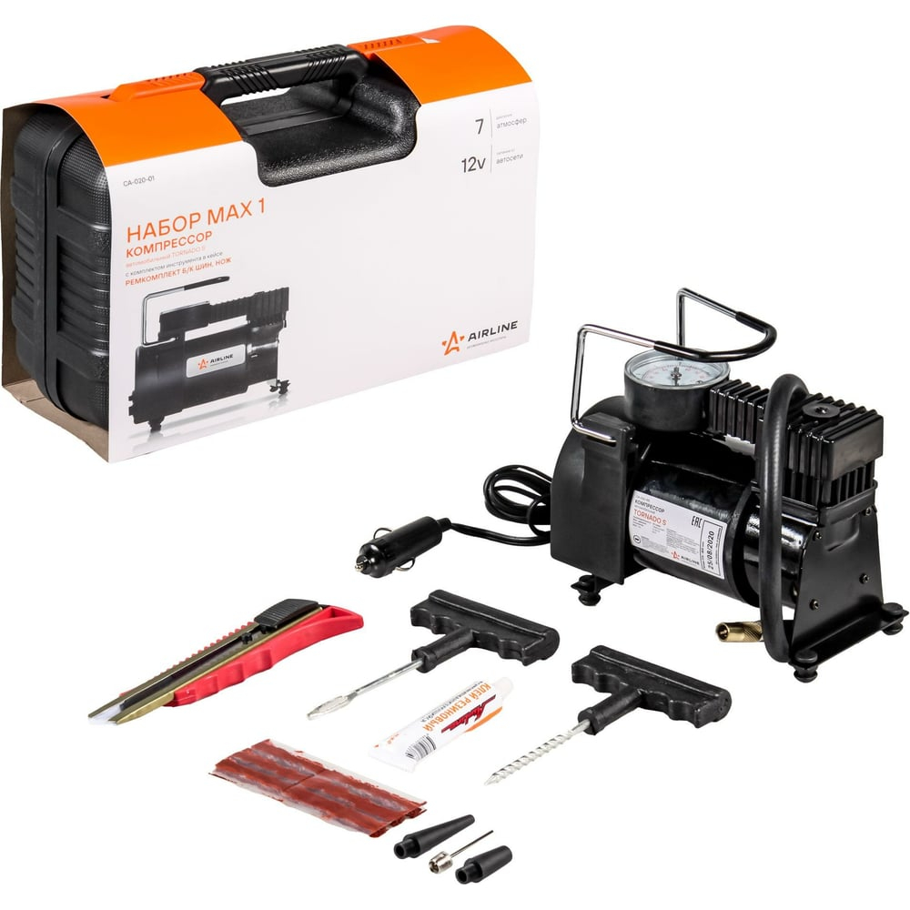 Компрессор автомобильный однопоршневой TORNADO S 30 л/мин от прикуривателя, комплект интрументов + ремкомплект для (CA-020-01)