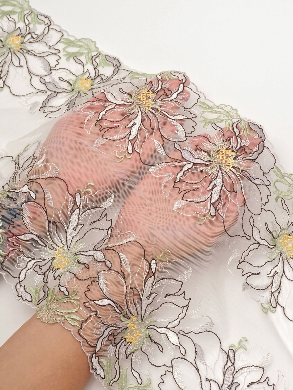 Кружево вышивка на сетке цвет мультиколор (фисташковый, шоколад, желтый, белый) неэластичная ширина 27 см