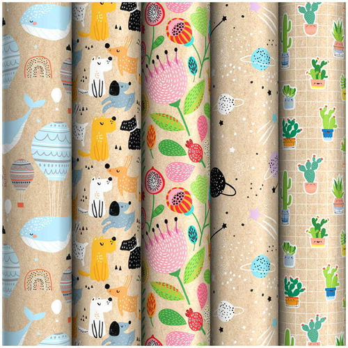 Упаковочная бумага крафт 70*100см, MESHU "Fun mood", 70г/м2, ассорти 5 дизайнов ПБК100м_32884