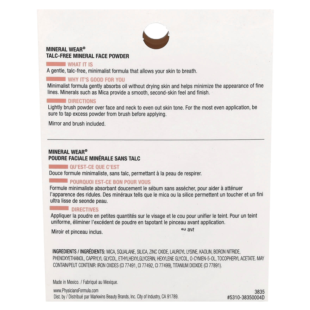 Physicians Formula, Mineral Wear, минеральная пудра для лица, без талька, тон 3835 полупрозрачный, 9 г (0,3 унции)