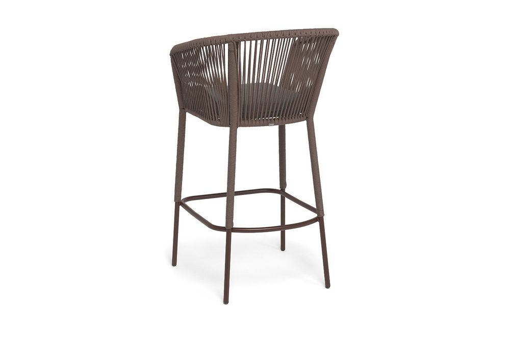 "Марсель" стул барный плетеный из роупа, каркас из стали коричневый (RAL8016) муар, роуп коричневый круглый, ткань темно-серая 027