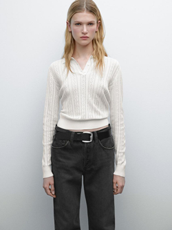 Massimo Dutti Трикотажный свитер из смесового хлопка с воротником поло, натуральный, кремовый