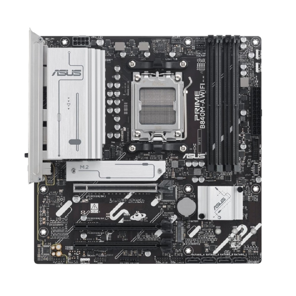 Материнская плата ASUS PRIME B840M-A WIFI (SocketAM5, mATX, 4xDDR5(192GB), 2xDP/HDMI, 1xPCIe 4.0x16/2xPCIe 3.0x16, 1xLAN (2.5GbE), Wi-Fi, BT, 4xSATA 6Gb/s, 3xM.2, 1xType-C, 2xUSB 3.2, 4xUSB 2.0)