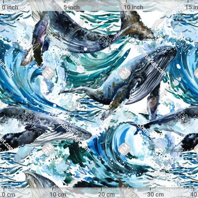 киты и волны акварельный принт by FineArt 345 DPI