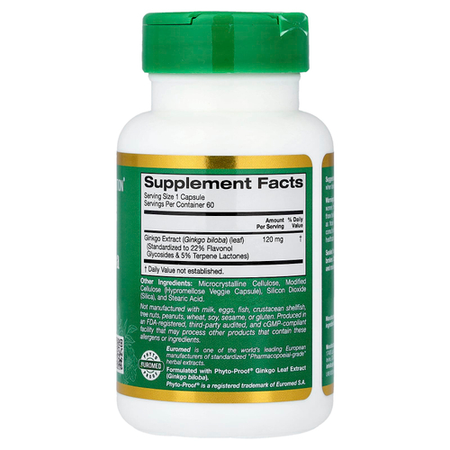 California Gold Nutrition, EuroHerbs™, экстракт гинкго билоба, качество Euromed, 120 мг, 60 растительных капсул