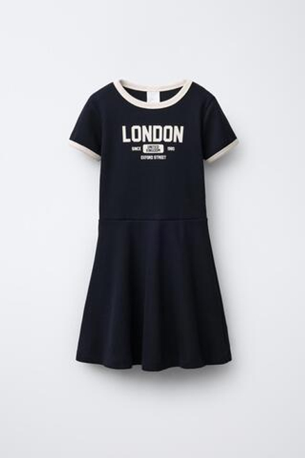 ZARA ПЛАТЬЕ В РУБЧИК С ТЕКСТОМ, МОРСКОЙ СИНИЙ