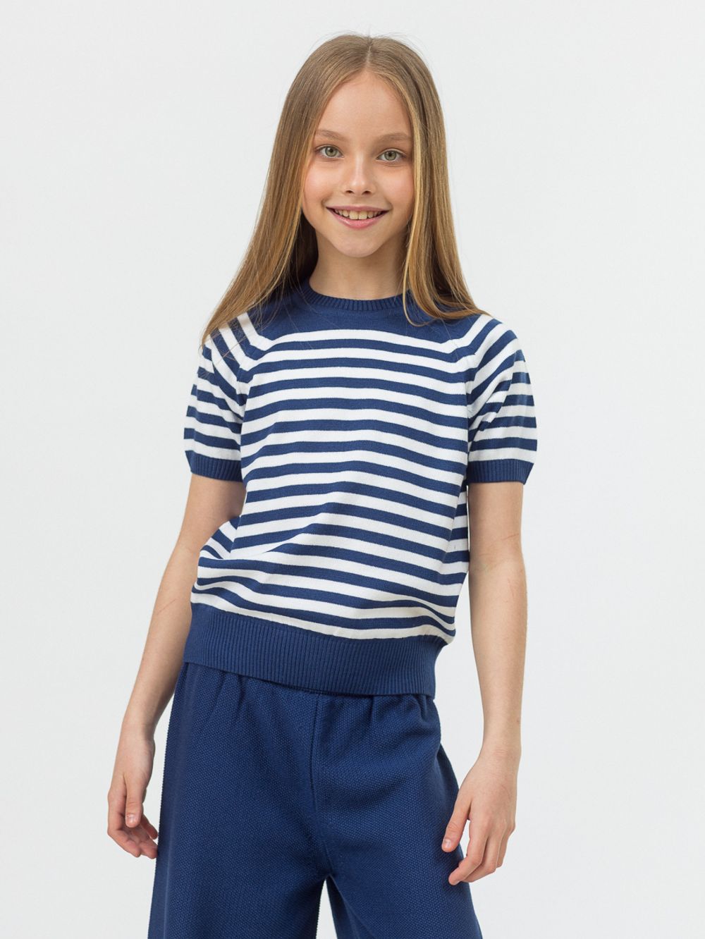 Джемпер для девочки с коротким рукавом AT996 молочный-сапфир