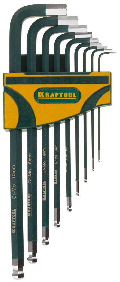 Набор ключей имбусовых KRAFTOOL ″INDUSTRIE″ длинные,шарик,Cr-Mo сталь(S2),хром покрыт с противоск напыл,HEX1,5-10мм,9шт
