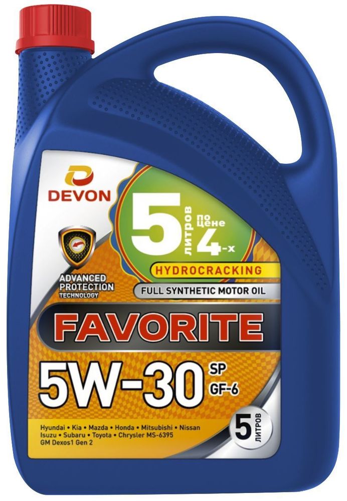 Масло моторное синтетическое  Favorit Devon 5W30 SP GF-6 Акция 5л по цене 4л